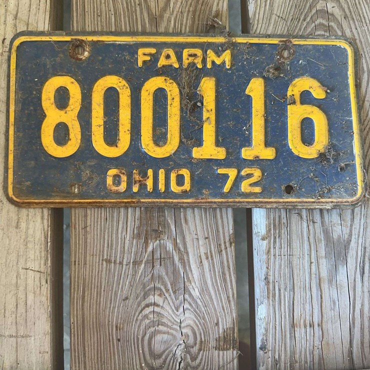 1972 Ohio Farm License Plate Yellow on Blue
