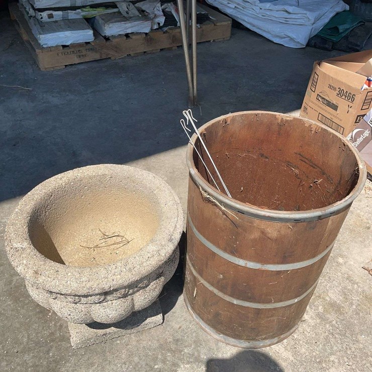 Concrete planter and wood barrel
