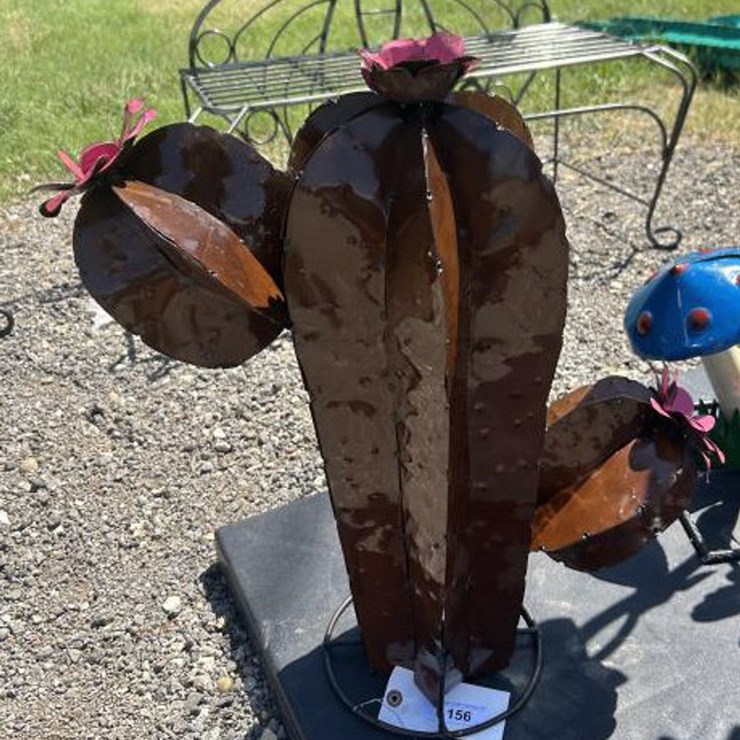 #156 • Metal Art - Medium Brown Cactus w/ Pink Flowers