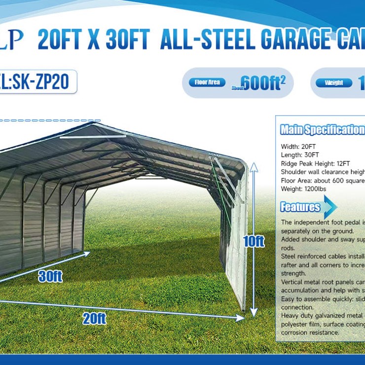 2026 SKLP SK-ZP20 ALL-STEEL GARAGE CARPORT (Unused)