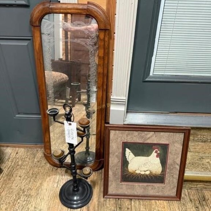 Mirror, Candle Holder & Hen Picture