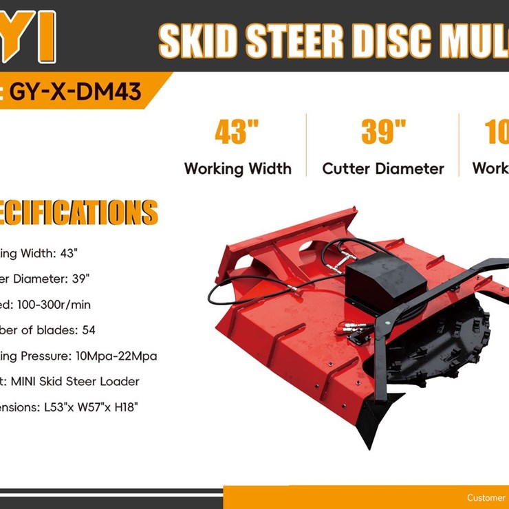 2026 GIYI GY-xDM43 Skid Steer Mini Disc Mulcher (Unused)