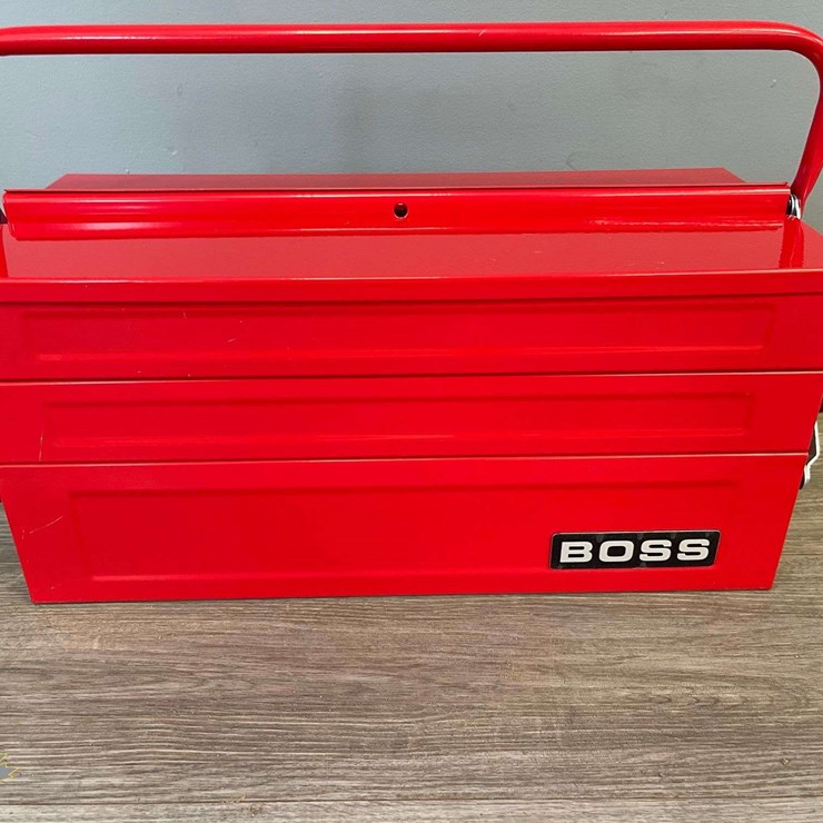 Unused Boss 18in x 8in Cantilever Tool Box with Set of Tools and Foam Organizer Insert