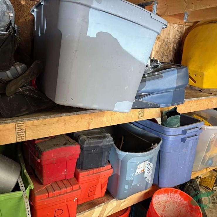 Contents of totes, empty toolboxes, boat seat, empty coffee containers