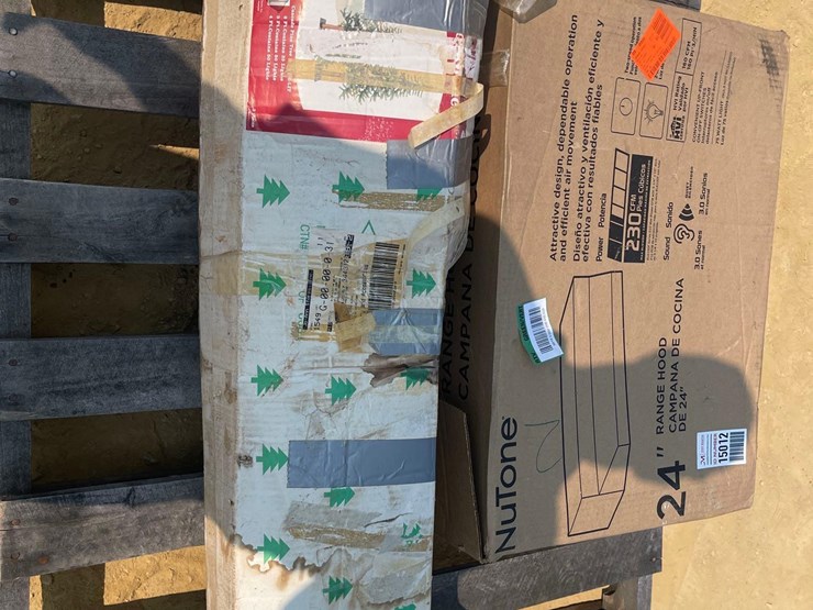 contents-of-pallet-24"-white-on-white-range-hood,-pre-lit-cascade-pine-christmas-tree-image-3