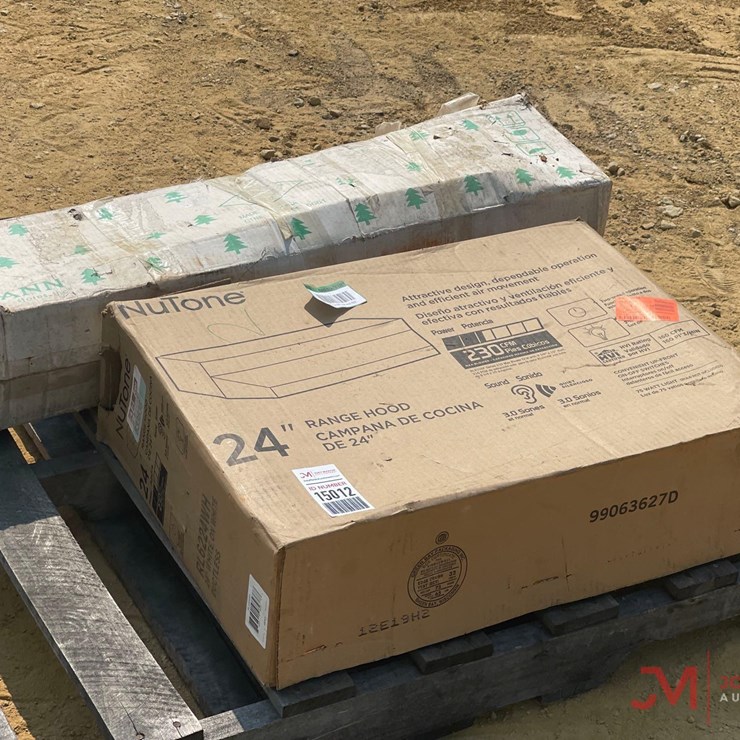 CONTENTS OF PALLET 24" WHITE ON WHITE RANGE HOOD, PRE-LIT CASCADE PINE CHRISTMAS TREE