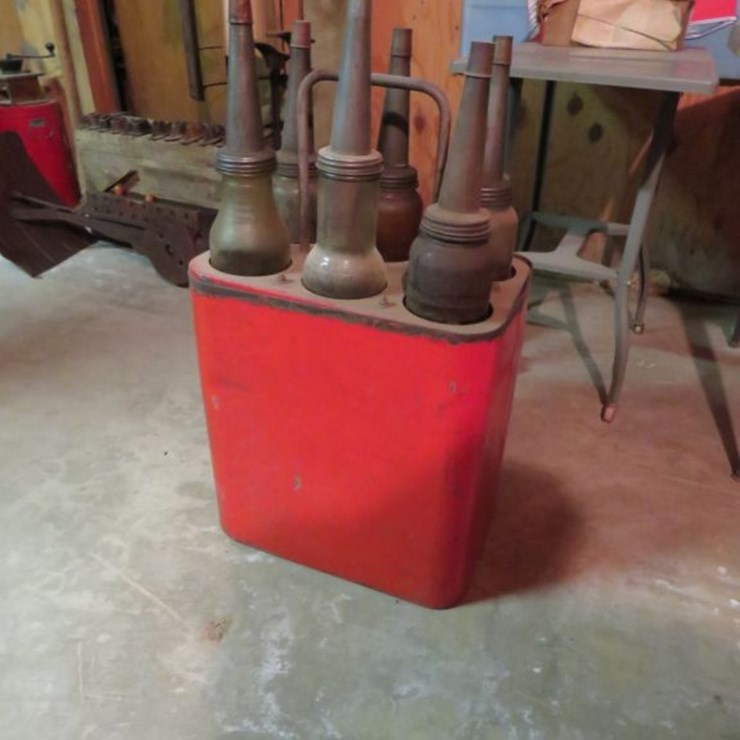 Gas Station Island Porcelain Oil Service station with Large Glass Oil Bottles