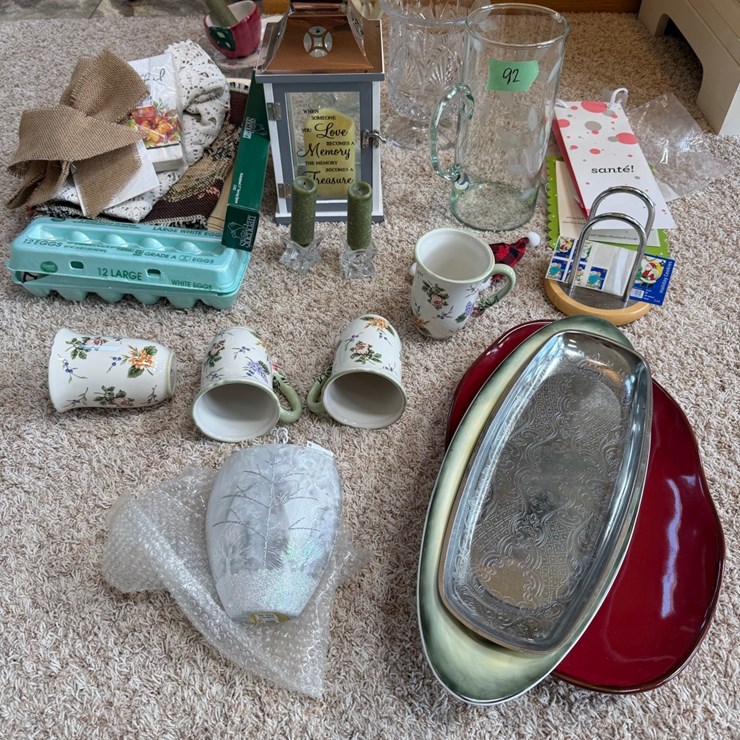 large lot of glassware, knock knacks, mugs, linens