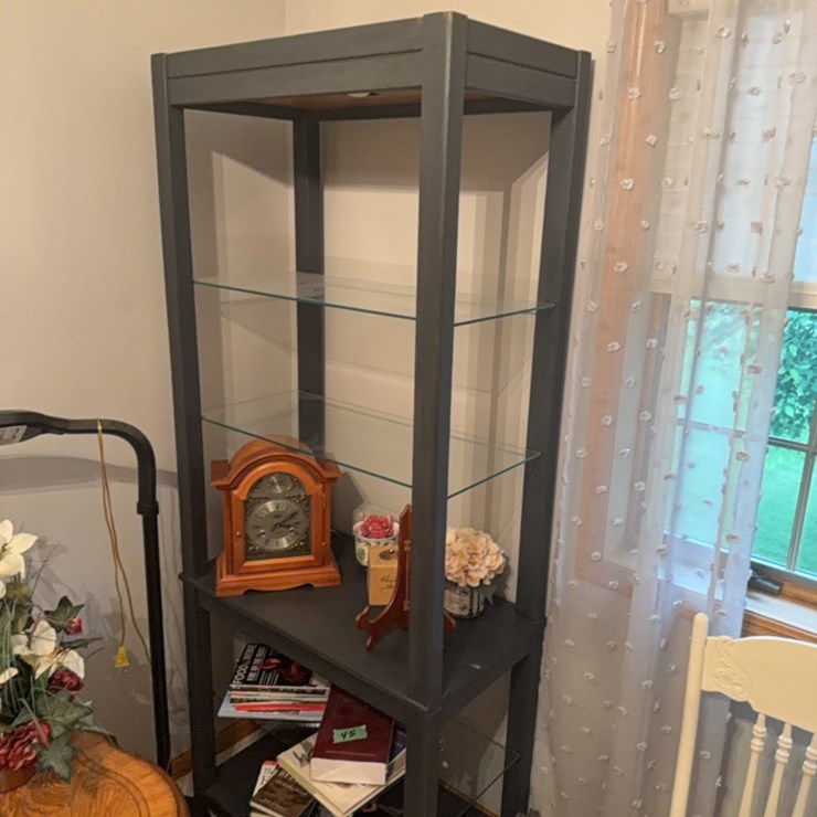 6 foot shelf, excellent quality, gray, has glass shelves, and Light on top