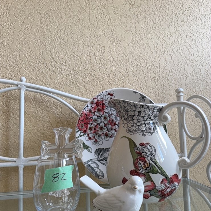 decorative glass pitcher and plate, birds & cross