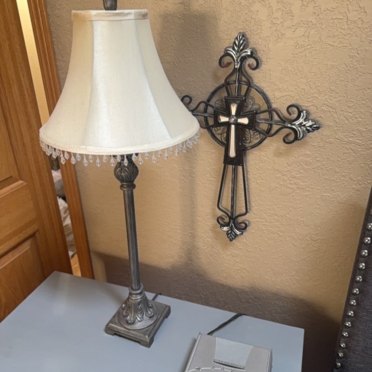 Matching set of two lamps, also included is decorative cross and 2 clock radios