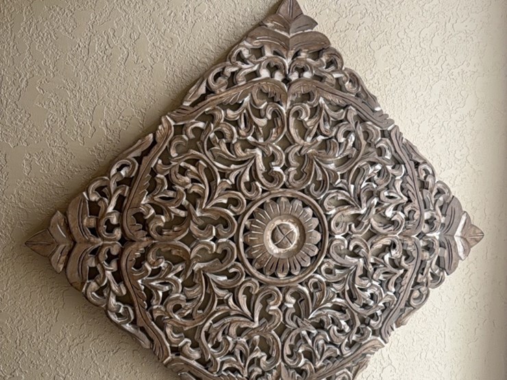 modern-diamond-shaped-wall-decoration,-eifel-tower-background-piece,-religious-books-and-other-items.-(less-table)-image-1