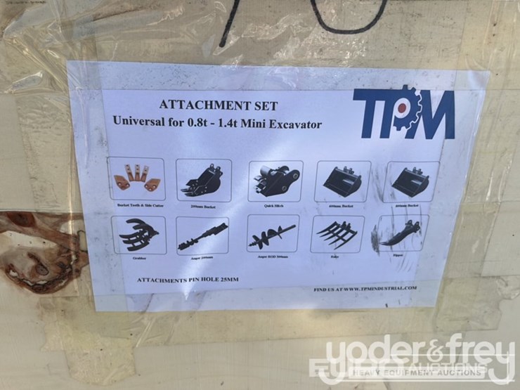 unused-tpm-5-pcs-bucket-teeth-w/bolts-and-nuts,-8"-bucket,-24"-bucket,-32"-bucket,-ripper,-rake,-quick-hitch,-8"-dia.-auger,-12"-dia.-auger-rod,-grabber-in-wooden-box-to-suit-0.8-1.4-ton-mini-excavators-image-1