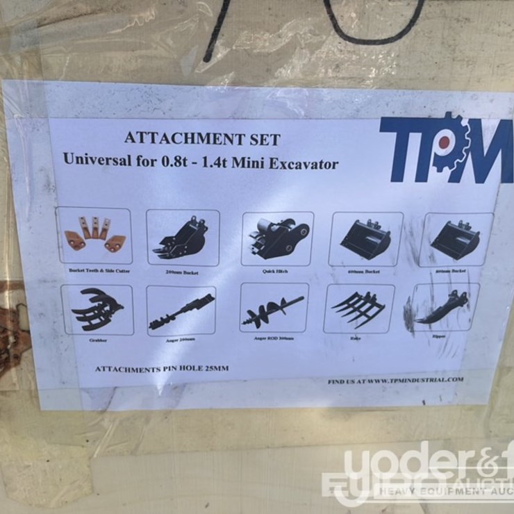 Unused TPM 5 pcs Bucket Teeth with Bolts and Nuts, 8" Bukcet, 24" Bucket, 32" Bucket, Ripper, Rake, Quick Hitch, 8" Dia. Auger, 12" Dia. Auger Rod. Grabber In Wooden Box to suit 0.8-1.4 Ton Mini Excavators