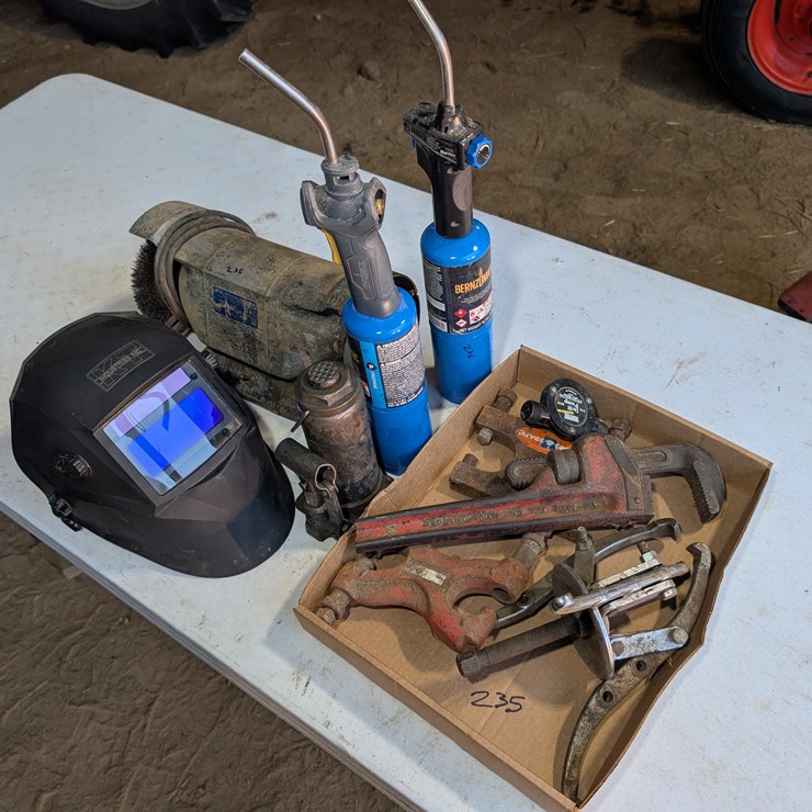 Auto-darkening welding helmet, bench grinder, bottle jack, torches, gear puller & misc. #235