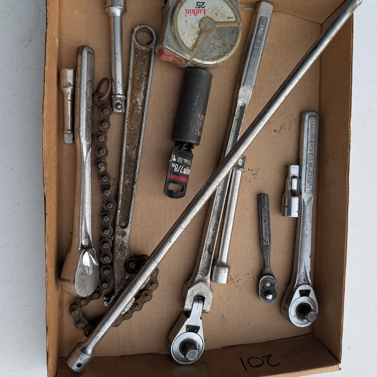 Misc. tools, ratchets, extensions and tape measure. #201