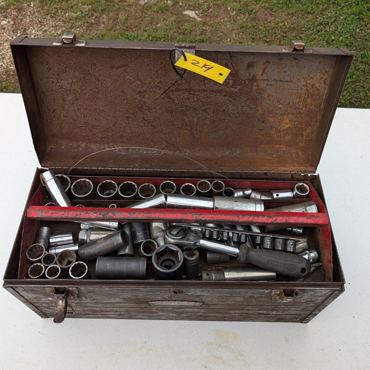 Toolbox with contents to include misc. sockets, extension and ratchet. #219