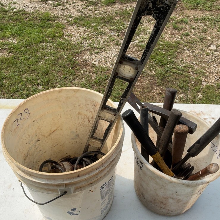 (2) Buckets of Misc. tools to include hammers, level, and electric clippers. #228