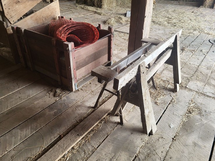 (3)-sawhorses,-(1)-roll-of-snow-fence-w/wooden-box-image-1
