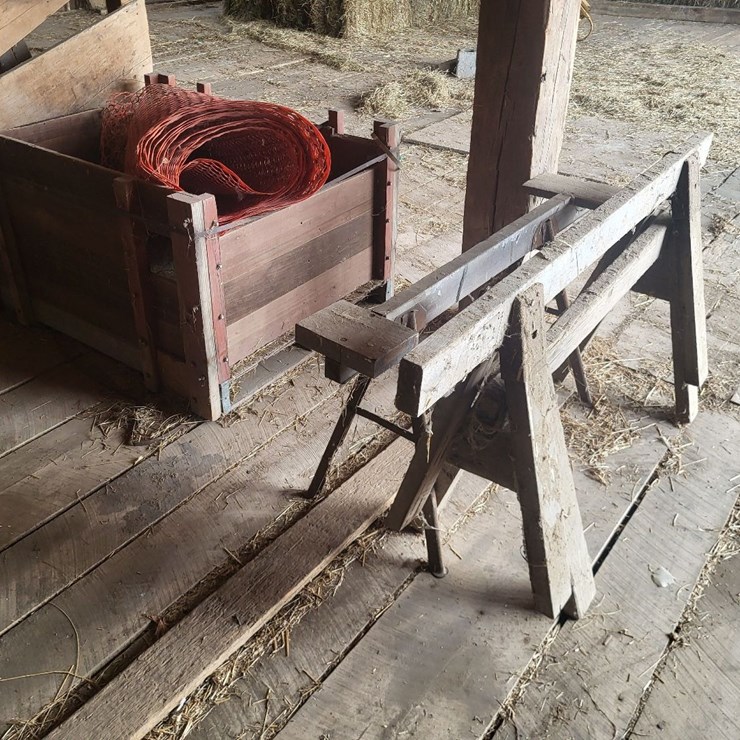 (3) Sawhorses, (1) Roll of Snow Fence w/Wooden Box