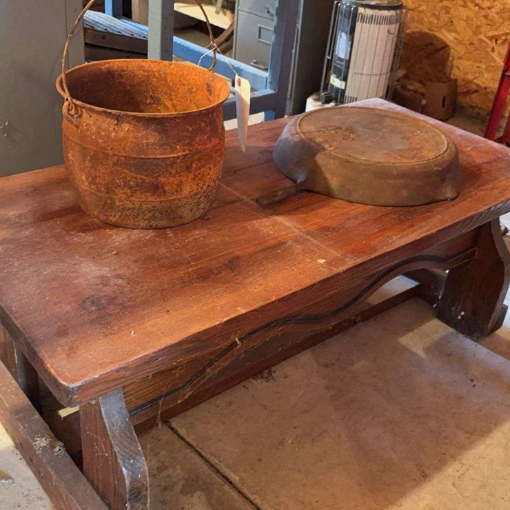 Coffee Table and Cast Iron Cooking Items