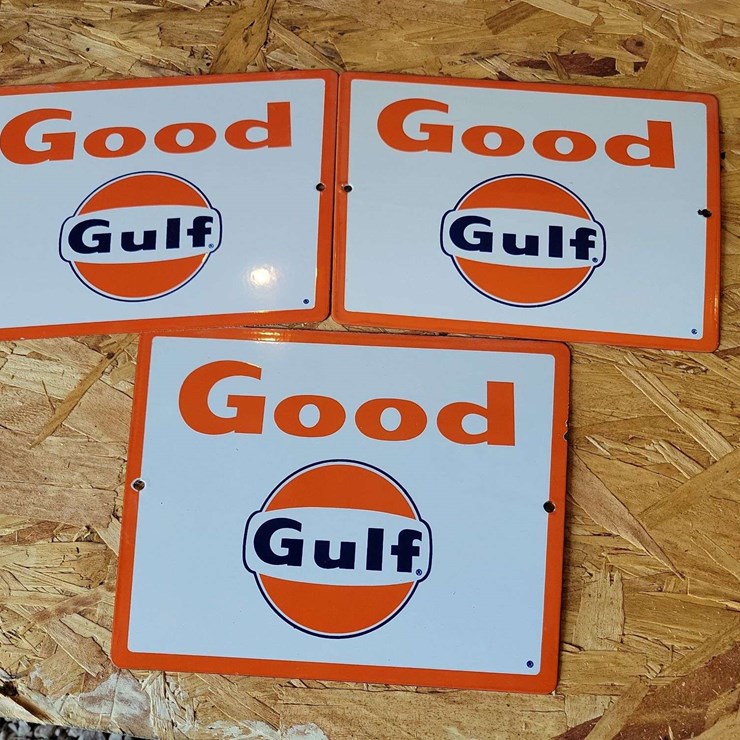 (3) Gulf Porcelain Signs