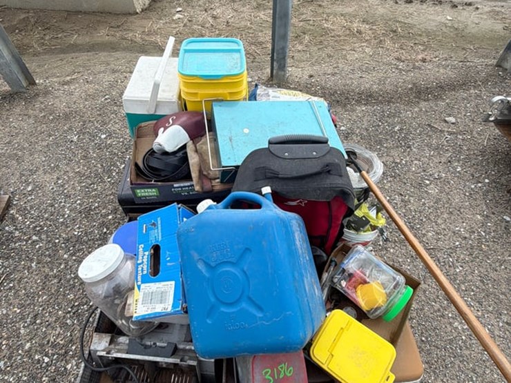 pallet-of-water-jugs,-coolers-and-hand-tools-image-1