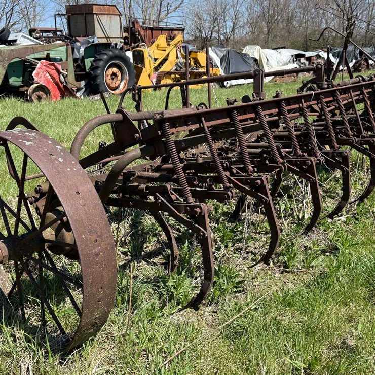 Horse Drawn 13 Shank Spring Tooth Harrow Cultivator 9’4” Working Width Steel Wheels.