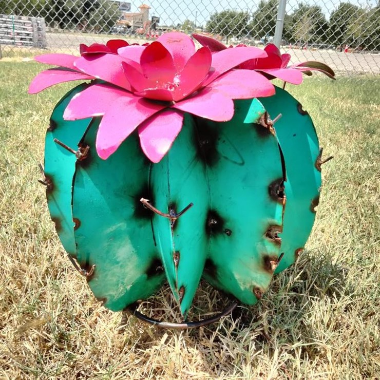 #112 • Metal Art - Medium Blue Cactus w/Pink Flower
