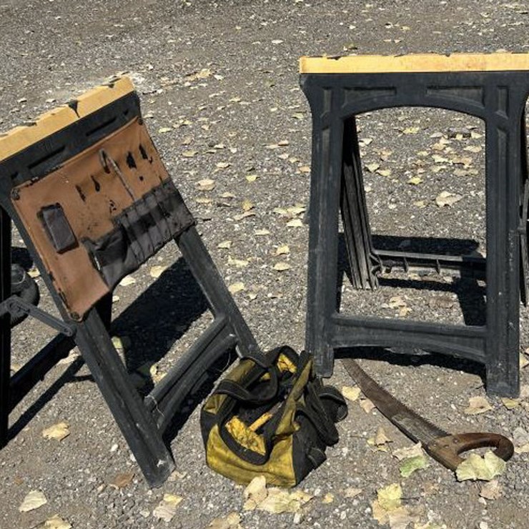 #87 • (2) Folding Sawhorse w/ Tool Bag w/ Tools & Saw