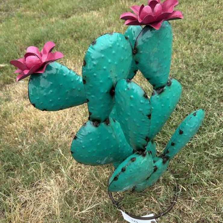#123 • Metal Art - Medium Cactus w/Pink Flowers