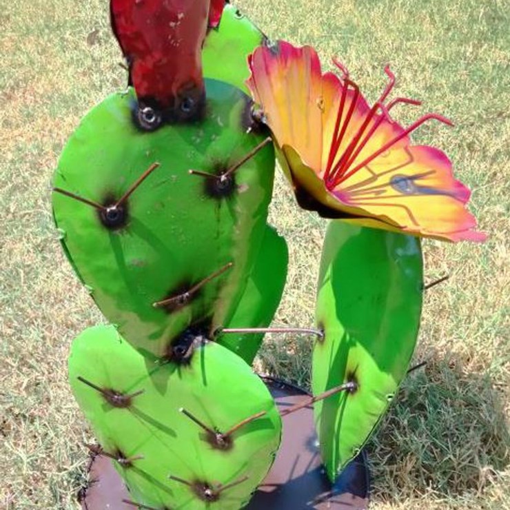 #113 • Metal Art - Medium Green Cactus w/Orange &