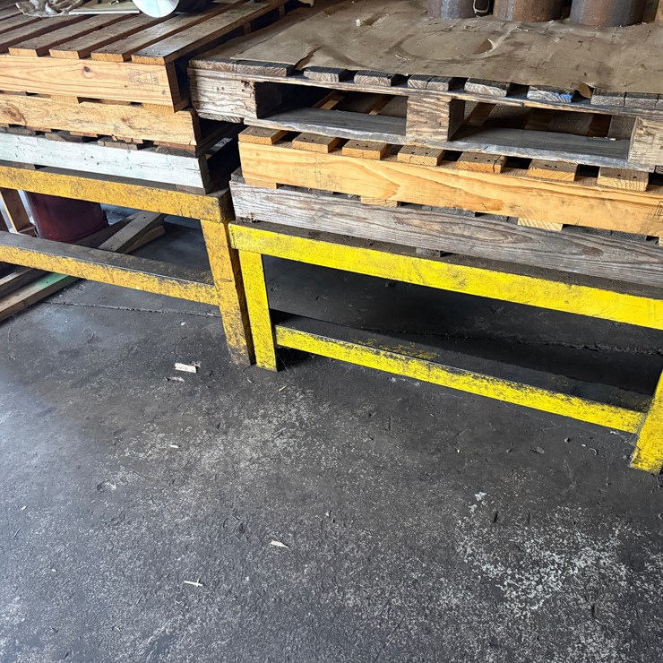 (2) 4’x3’x2’ METAL OPEN TOP WORK TABLES & (7) PALLETS
