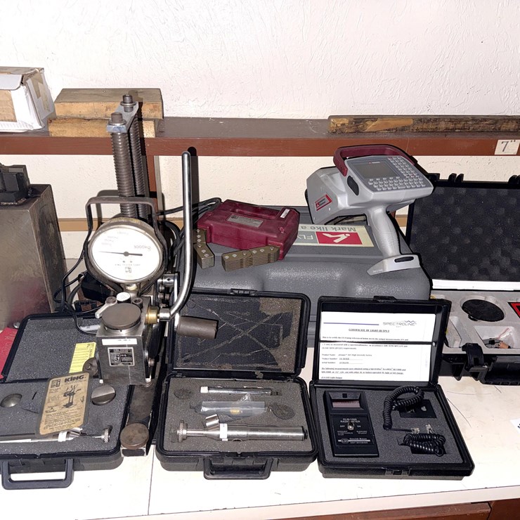 SECTION W/ DIGITAL COMPONENTS, PARKER 1115VAC MPI TESTER, KING PORTABLE BRINNEL, FLYMARKER, SPI HARDNESS TESTER