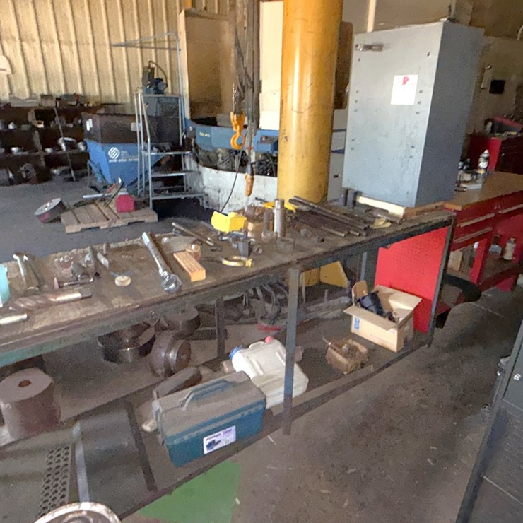SECTION W/ (2) WORK BENCHES, SMALL METAL CABINET INCLUDING CONTENTS OF MACHINE CUTTING TOOLS, SOME HAND TOOLS, & RELATED