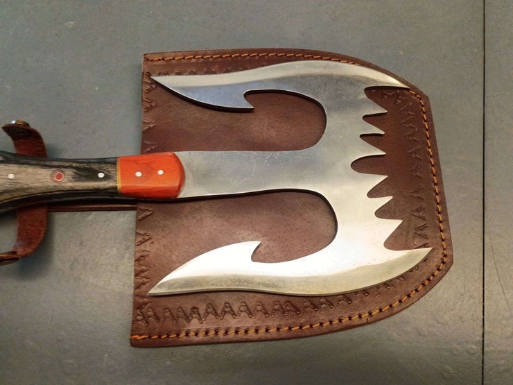custom-damascus-steel-fixed-blade-double-edged-hatchet-with-brown-striped-handle-image-1