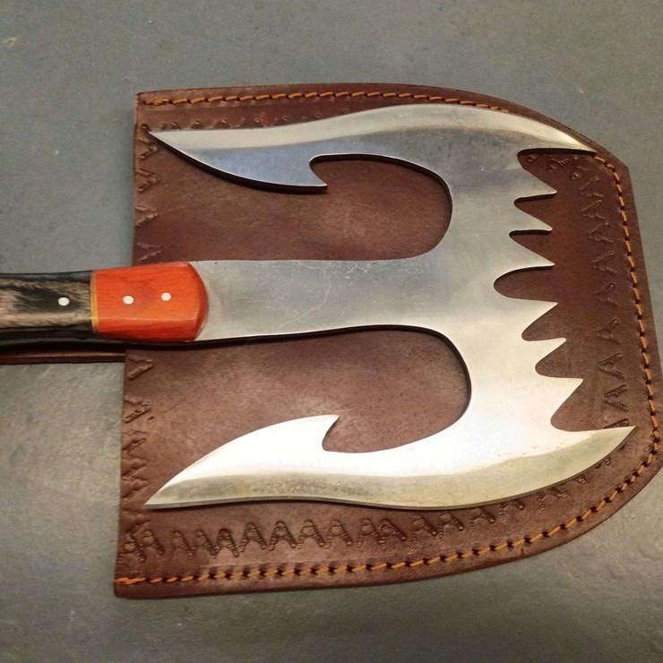 CUSTOM DAMASCUS STEEL FIXED BLADE DOUBLE EDGED HATCHET WITH BROWN STRIPED HANDLE