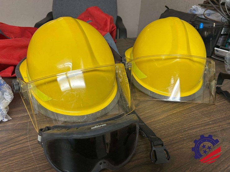 two-bullard-e830-fire-helmets-with-face-shields-and-goggles-image-1