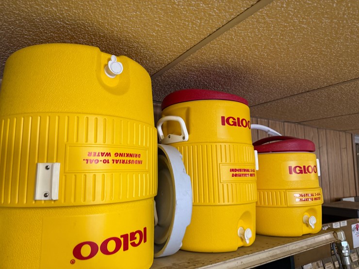 top-shelf-w/-(3)-10-gal-igloo-drinking-coolers,-(1)-gpi-alum-hp-100-hand-pump,-(2)eagel-5-gal.-safety-cans-image-2