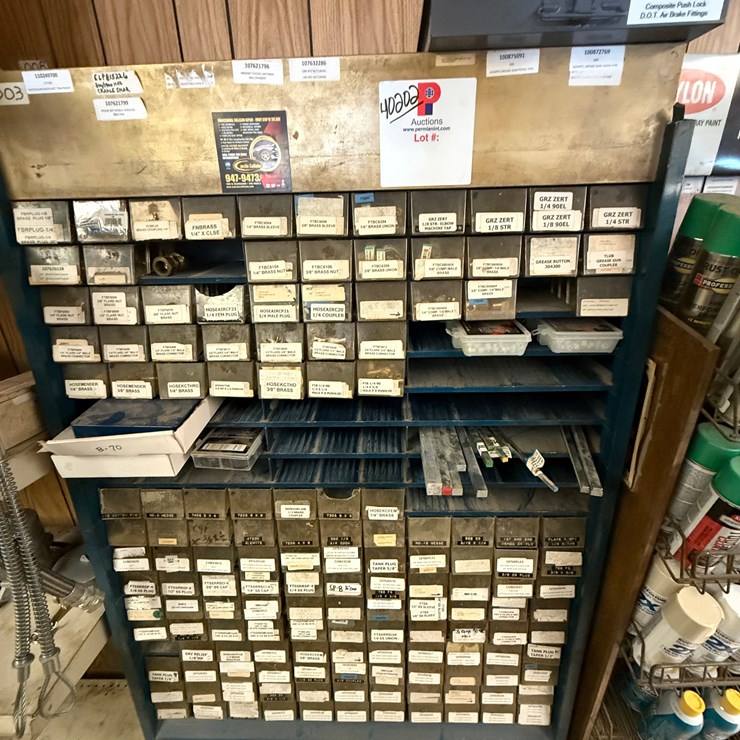 BRASS FITTING BIN W/ CONTENTS OF 1/8” THRU 1/2” COPPER TUBING FITTINGS