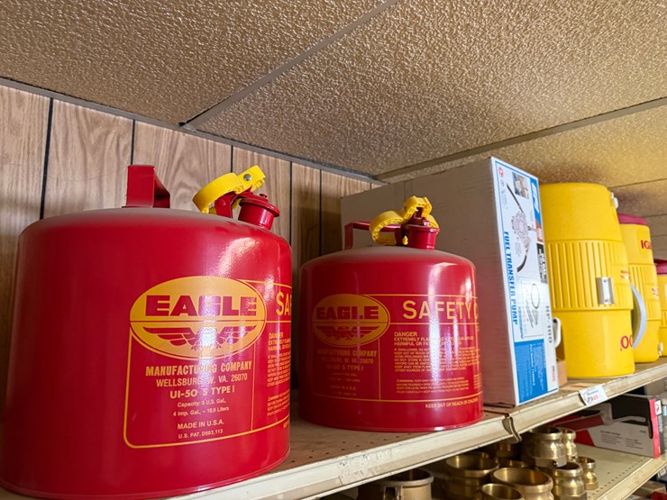 top-shelf-w/-(3)-10-gal-igloo-drinking-coolers,-(1)-gpi-alum-hp-100-hand-pump,-(2)eagel-5-gal.-safety-cans-image-5