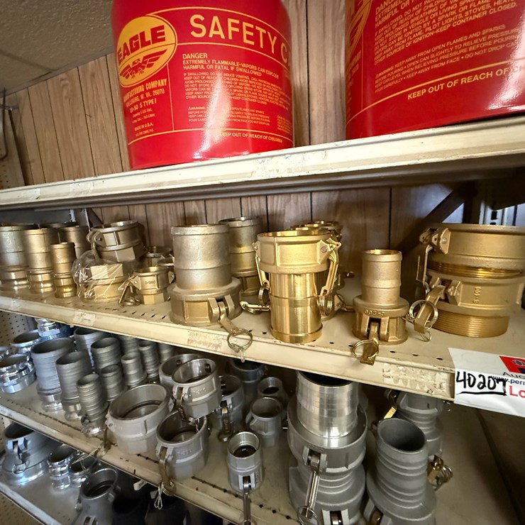2ND SHELF W/ (25+) 2” THRU 4” CAMLOCK BRASS FITTINGS