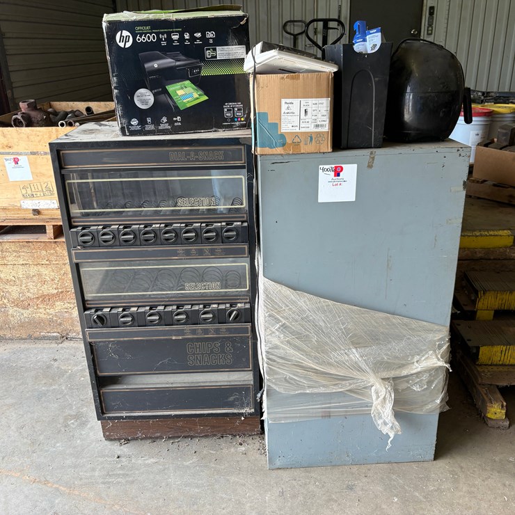 Dial-a-snack vending machine, 4-drawer filing cabinet, printers, & office supplies