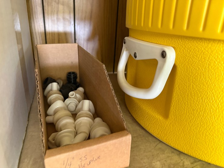 top-shelf-w/-(3)-10-gal-igloo-drinking-coolers,-(1)-gpi-alum-hp-100-hand-pump,-(2)eagel-5-gal.-safety-cans-image-3