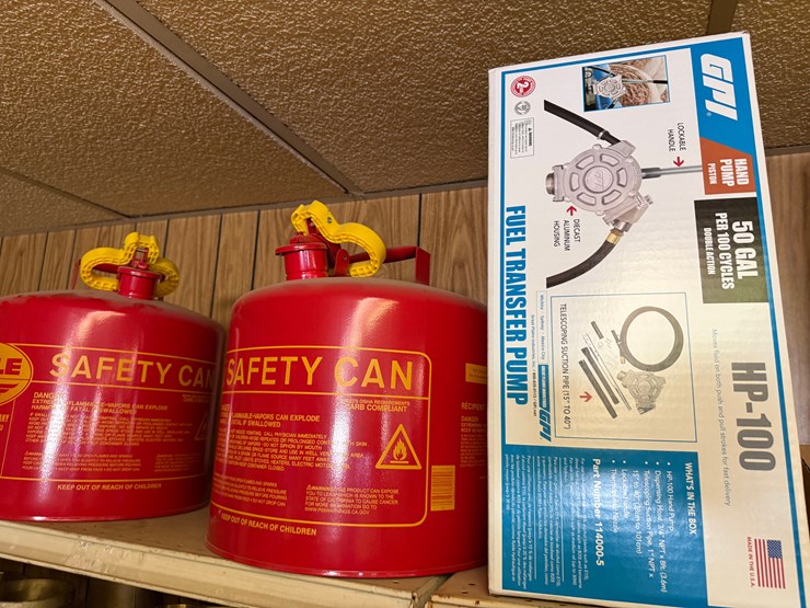 top-shelf-w/-(3)-10-gal-igloo-drinking-coolers,-(1)-gpi-alum-hp-100-hand-pump,-(2)eagel-5-gal.-safety-cans-image-4