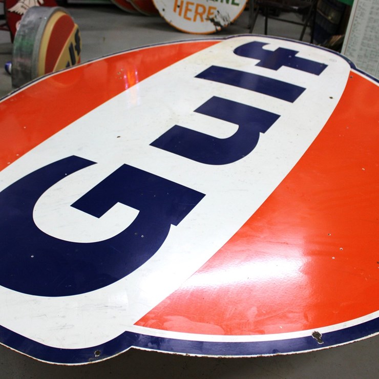 #1005 • VINTAGE GULF OIL METAL ADVERTSING SIGN - 72" X 78"