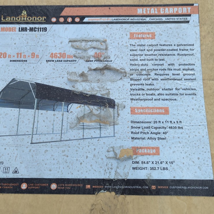 NEW LANDHONOR LHR-MC1119 METAL CAR PORT STORAGE BUILDING