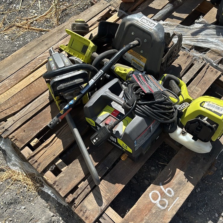 PALLET OF: RYOBI 1600 PSI ELECTRIC PRESSURE WASHER, RYOBI CHAINSAW, RYOBI 4 CYCLE, RYOBI TILLER, WEEDEATER, EXPAND IT HANDLE. SUPPORT EQUIPMENT