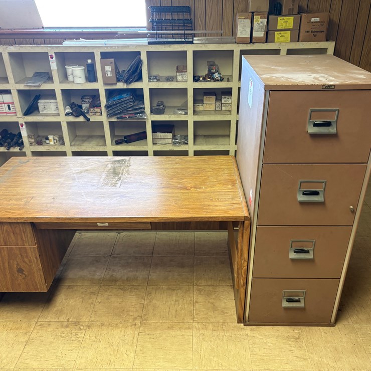 (3) Victor 4-drawer fire proof filing cabinets & 5’ x 30” x 28” desk