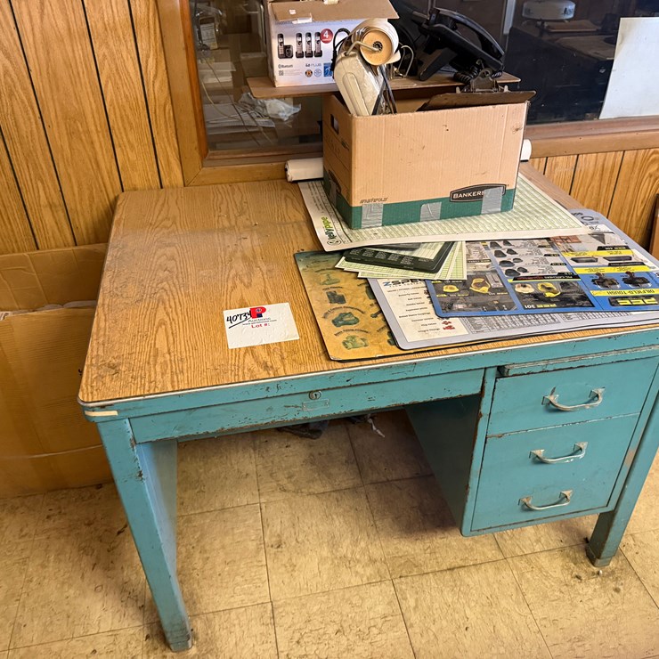 3’x3’x3’ METAL DESK W/ DRAWERS & BOX W/ CONTENTS